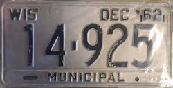 1962 Wisconsin Municipal License Plate