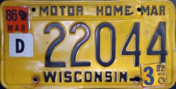 December 1982 Wisconsin Motor Home License Plate