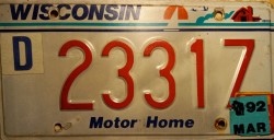 March 1992 Wisconsin Motor Home License Plate