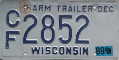 1989 Wisconsin Farm Trailer License Plate